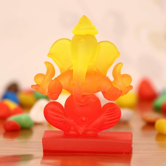 Ecraftindia Yellow and Orange Double Sided Crystal Car Ganesha Showpiece
