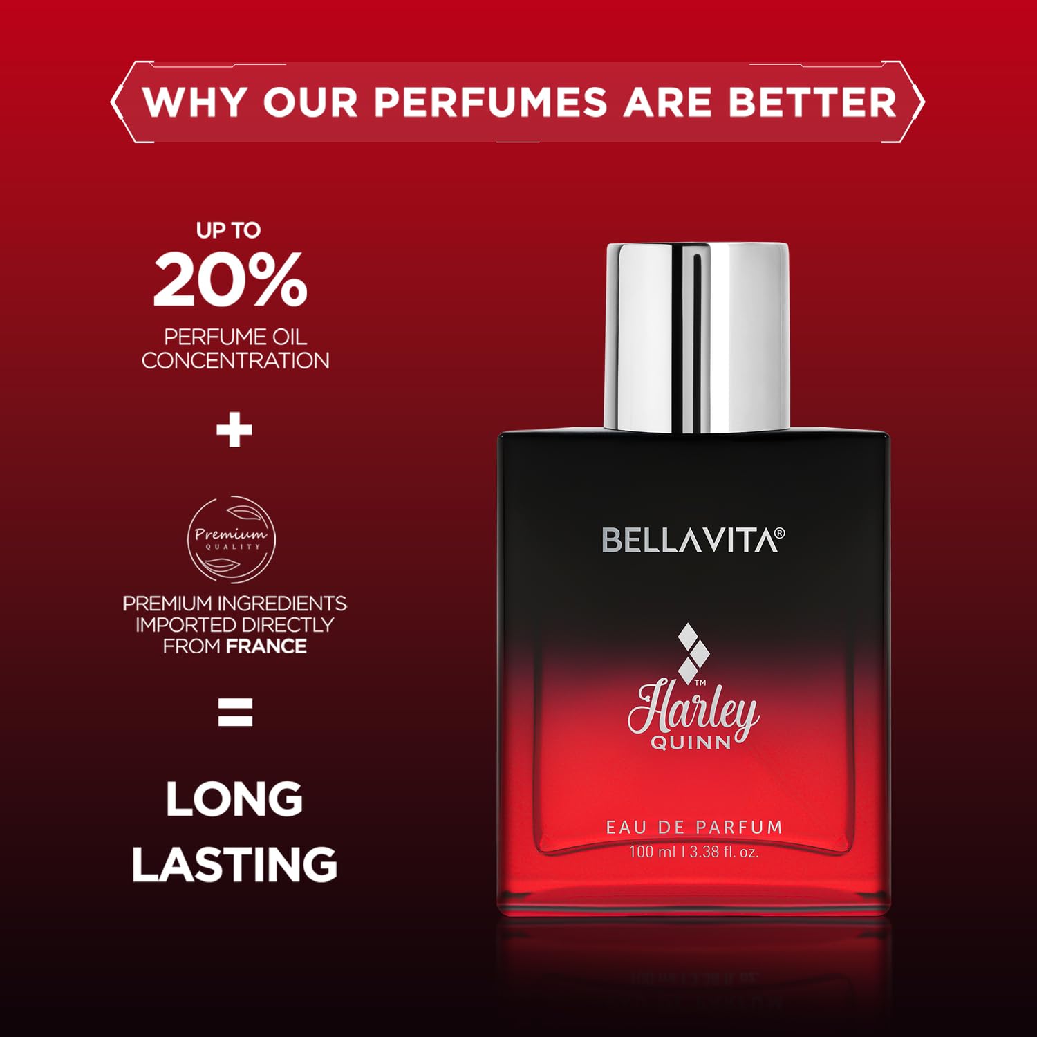 BELLAVITA HARLEY QUINN | Long Lasting EDP 100ml Perfume for Woman | Red Fruits, Jasmine and Patchouli | Premium Fragrance for Women