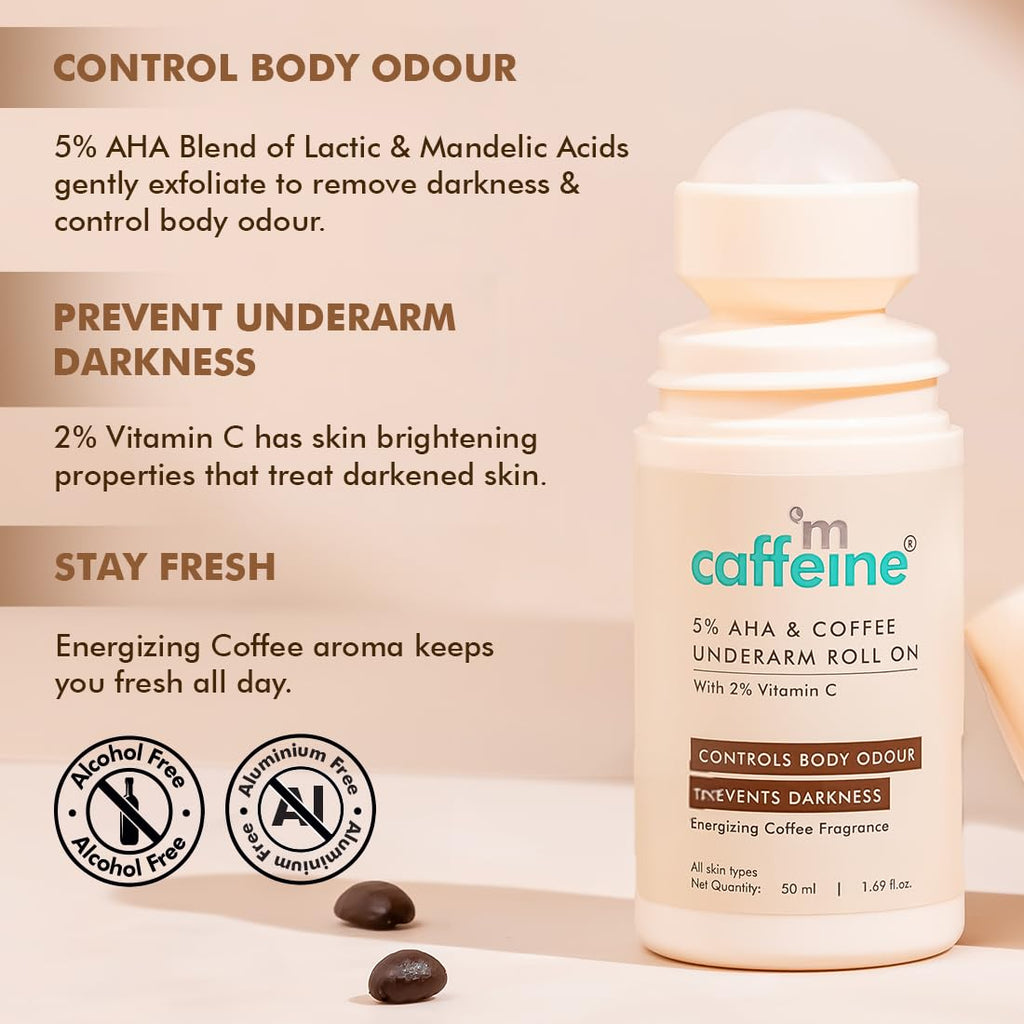 mcaffeine 5% Aha Underarm Roll On With Coffee,5% Lactic Acid&Mandelic Acid|48H Body Odour Control|Prevents Dark Underarms&Pigmentation,Kills Bacteria|Alcohol&Aluminum Free For Men&Women-50Ml,1 Count
