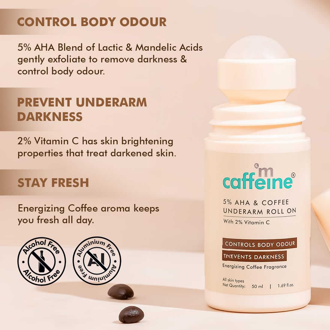 mcaffeine 5% Aha Underarm Roll On With Coffee,5% Lactic Acid&Mandelic Acid|48H Body Odour Control|Prevents Dark Underarms&Pigmentation,Kills Bacteria|Alcohol&Aluminum Free For Men&Women-50Ml,1 Count
