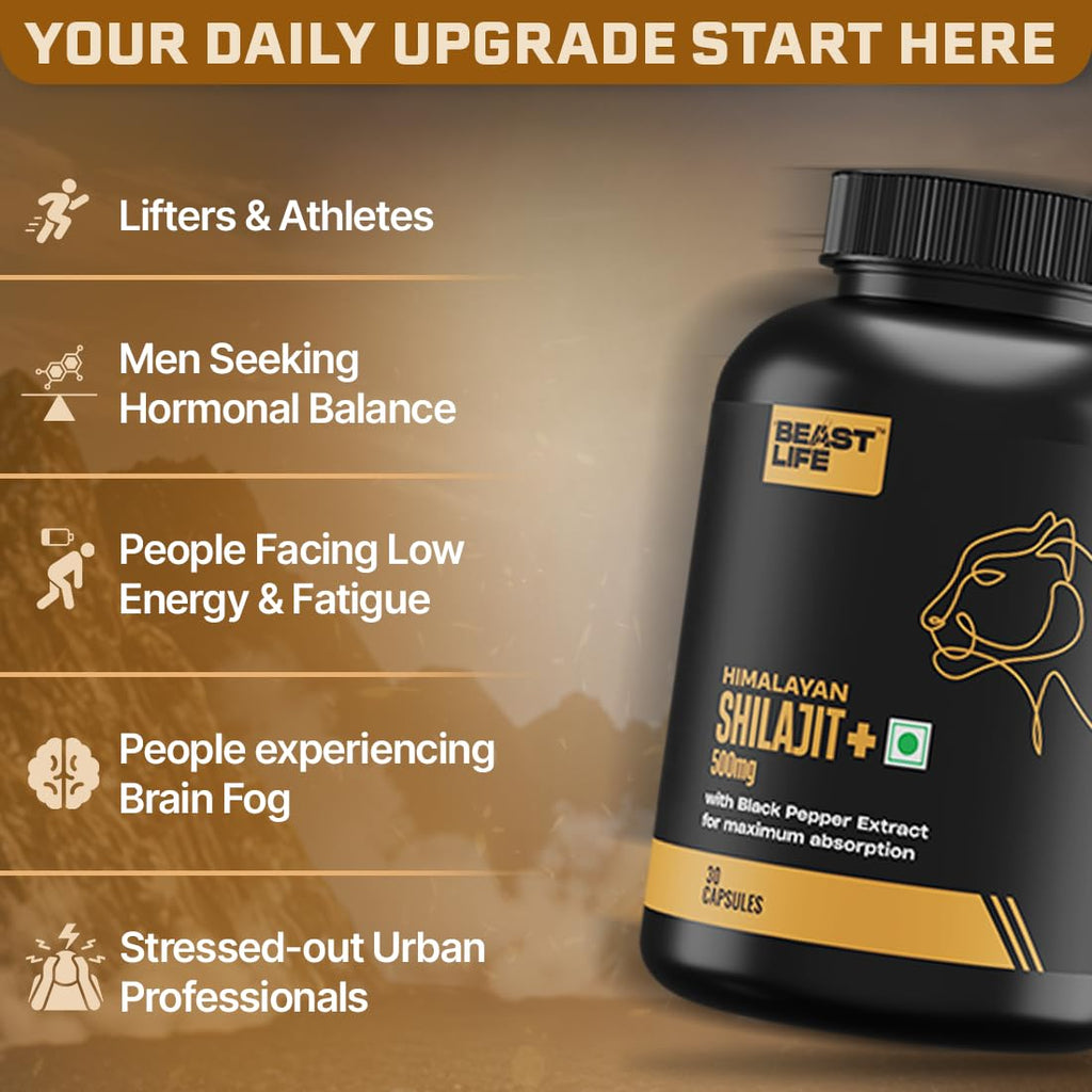 BeastLife Himalayan Shilajit | Pure & Potent Shilajit Supplement | Improve Muscle Strength, Enhances Stamina, Energy & Power | Supports Faster Recovery | Natural & Organic Shilajeet (60 Capsules)