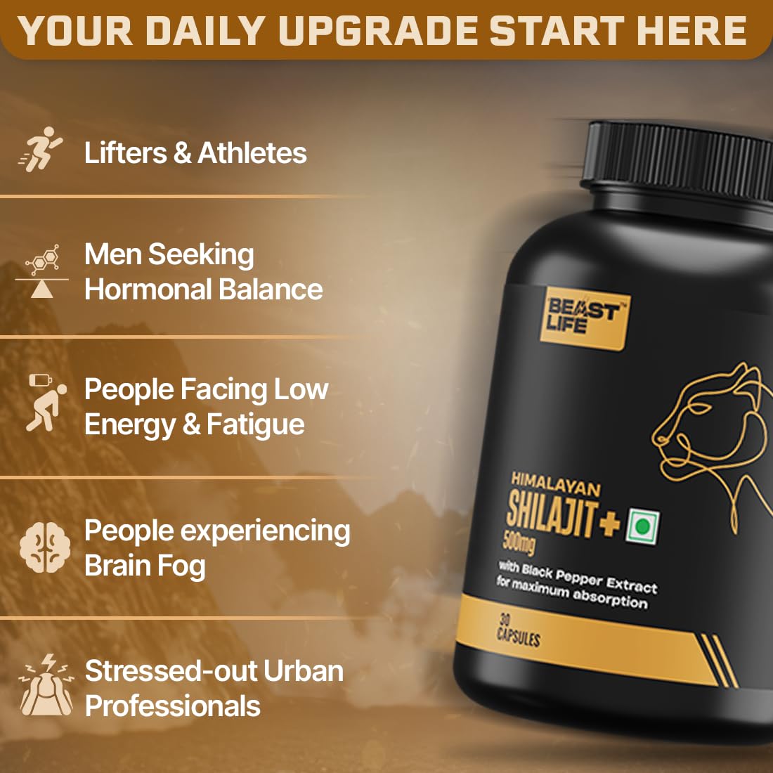 BeastLife Himalayan Shilajit | Pure & Potent Shilajit Supplement | Improve Muscle Strength, Enhances Stamina, Energy & Power | Supports Faster Recovery | Natural & Organic Shilajeet (60 Capsules)