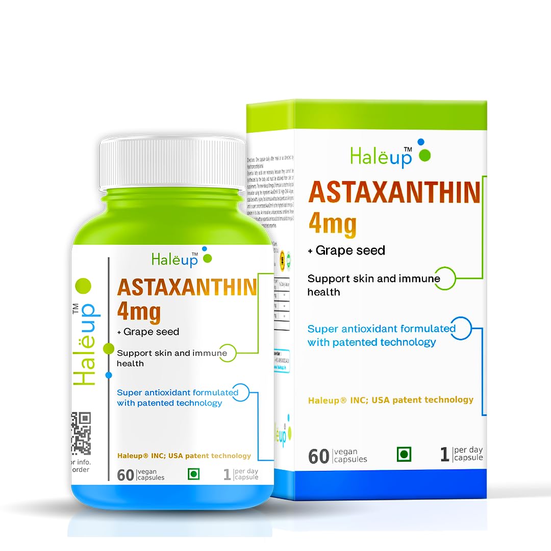 Haleup Plant Based Astaxanthin 4 mg with Grape Seed Supplement I 60 Veg Capsules I Supports Eye, Joint & Skin Health I Boosts Immune System