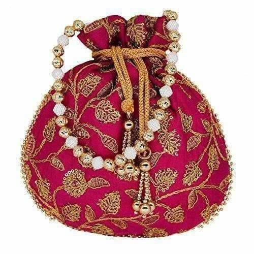 Ethnic Silk Potli bag Clutch Batwa Pouch with Embroidery and Metal Bead work Gift For Women
