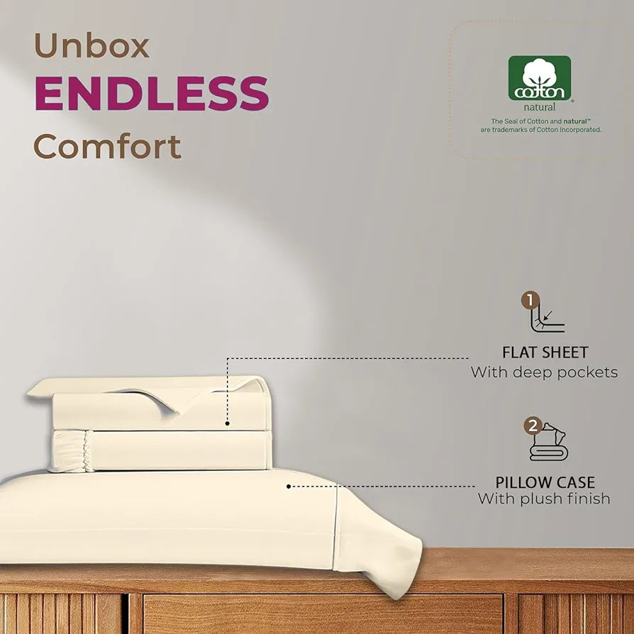 Trance Home Linen 100% Cotton 78x72 inch King Elastic Fitted Bedsheet 400 Thread Count Premium Plain Elastic Bedsheet with 2 Pillow Covers Colour Ivory