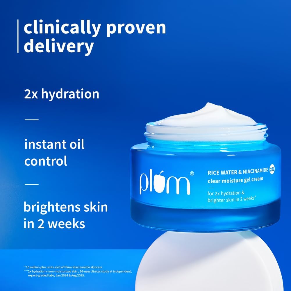 Plum 2% Niacinamide & Rice Water Superlight Gel Cream Moisturizer for Face | Oil-Free Hydration | Brightens, Fades Blemishes | Dermat-Tested | All Skin Types | Women & Men | 100% Vegan | 50 g