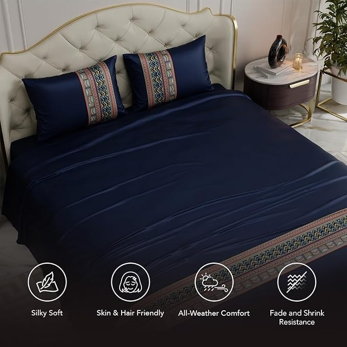 Stoa Paris Bedsheets for Double Size Bed Satin Bedsheet with 2 Pillow Covers Colour Regal Renaissance-Navy