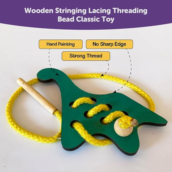 Mini Leaves Lacing Activity for Kids | Wooden Lacing Toys for Toddlers | Preschooler Educational fine Motor Skill | Dinosaur