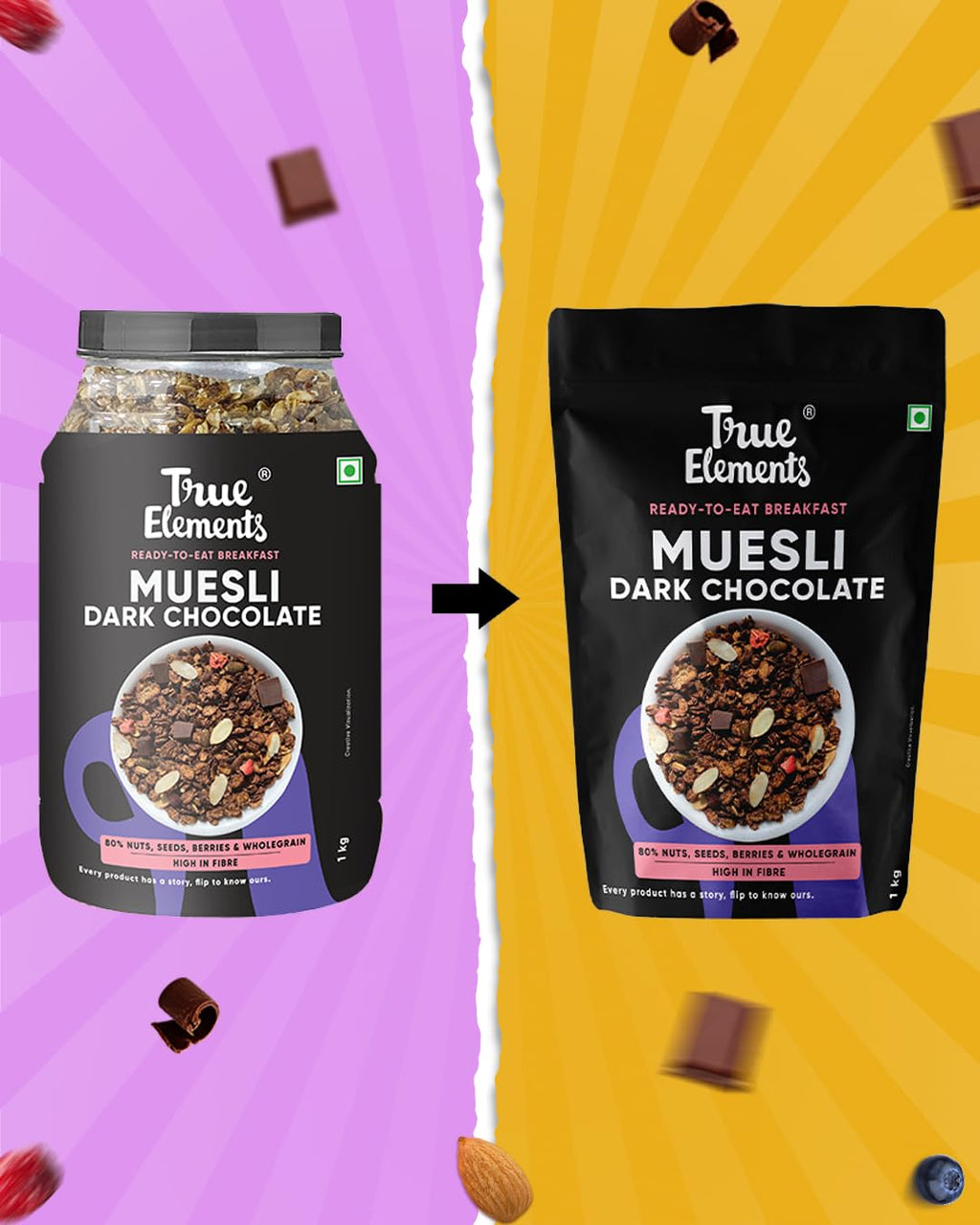 True Elements Dark Chocolate Muesli 1kg | Nuts & Berries Muesli | 13g Clean Protein | 13% Millet | Cereal for Breakfast | Gluten Free Breakfast