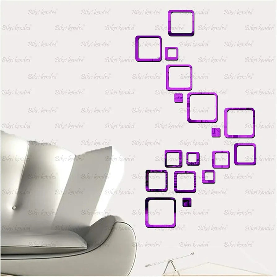 Bikri Kendra Ind Sun Silver with 12 Square Purple Mirror Stickers for Wall Decor Stickers Acrylic