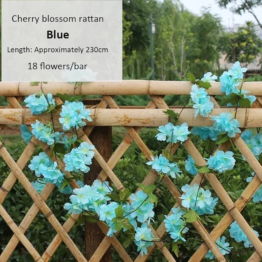 Artificial Cherry Blossom Rattan Flowers Vine Sky Blue