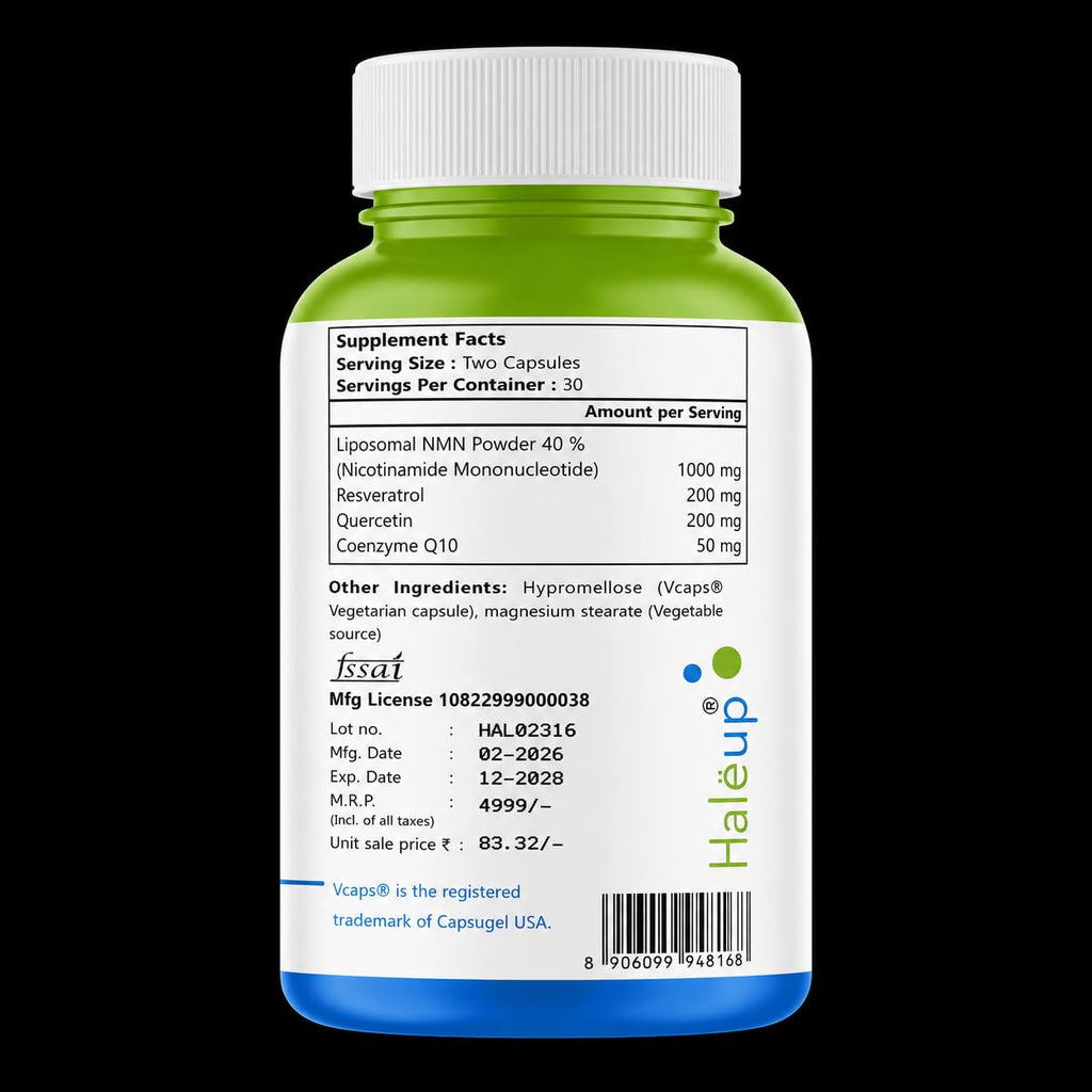 Haleup Liposomal NMN 1000 mg 3-in-1 Formula, Enriched with Resveratrol, Quercetin and CoQ10 |99.9% Pure |Healthy Ageing|Cellular Repair|Boost NAD+| Energy Levels| Skin Health (Pack of1)