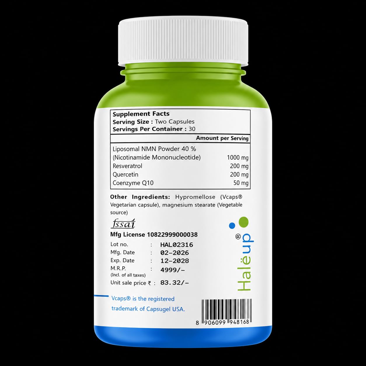 Haleup Liposomal NMN 1000 mg 3-in-1 Formula, Enriched with Resveratrol, Quercetin and CoQ10 |99.9% Pure |Healthy Ageing|Cellular Repair|Boost NAD+| Energy Levels| Skin Health (Pack of1)