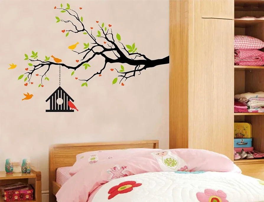 Rawpockets Decal Heart-in Flower Tree with Bird Cage Wall Sticker