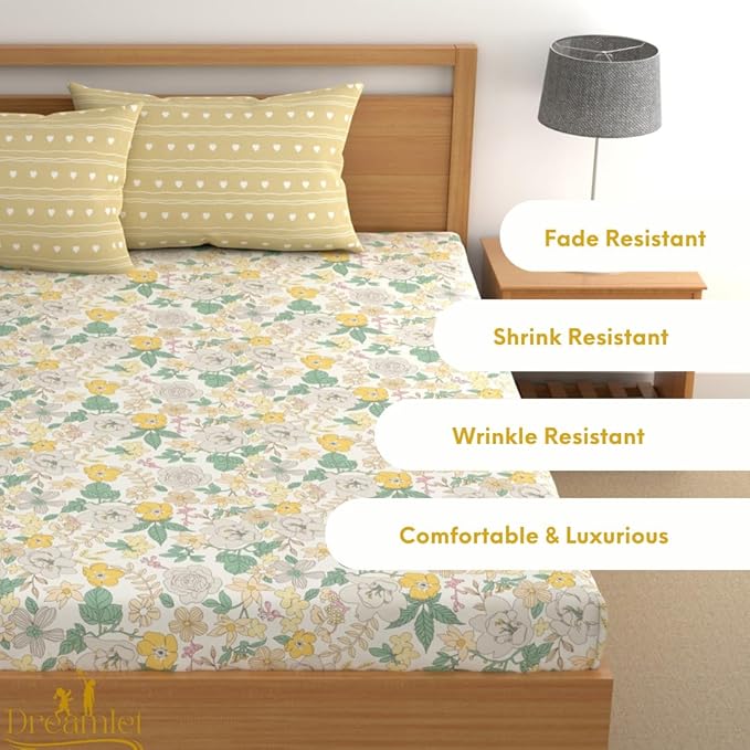 Dreamlet All Around Elastic Supersoft 210tc Premium Cotton Elastic Fitted Bedsheets With 2 King Size Pillow Covers | Yellow