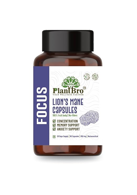 Plant Bro Lion's Mane Herbal Capsules - 60 Capsules | 650 Mg | 100% Fruit Body With No Fillers