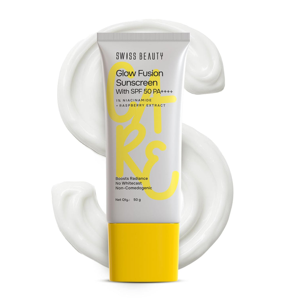 Swiss Beauty Care Glow Fusion Sunscreen SPF50 PA++++ | 1% Niacinamide & Raspberry Extract | Boosts Radiance | Fights Premature Signs Of Aging | 50gm