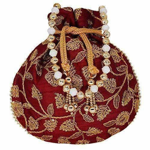 Ethnic Silk Potli bag Clutch Batwa Pouch with Embroidery and Metal Bead work Gift For Women
