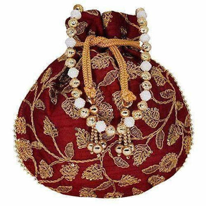 Ethnic Silk Potli bag Clutch Batwa Pouch with Embroidery and Metal Bead work Gift For Women
