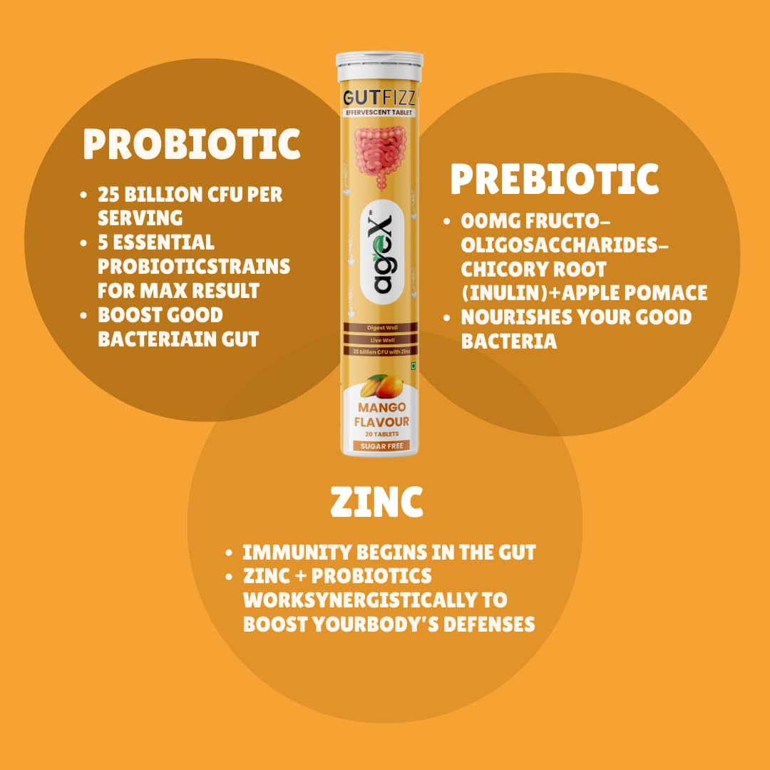 Gutfizz Probiotic 20 Effervescent Tablets | Gut Health Supplements with Limosilactobacillus | Sugar Free, 25 Billion CFU with Zinc | Digestive Enzymes Tablets | Mango Flavour (Pack of 1)