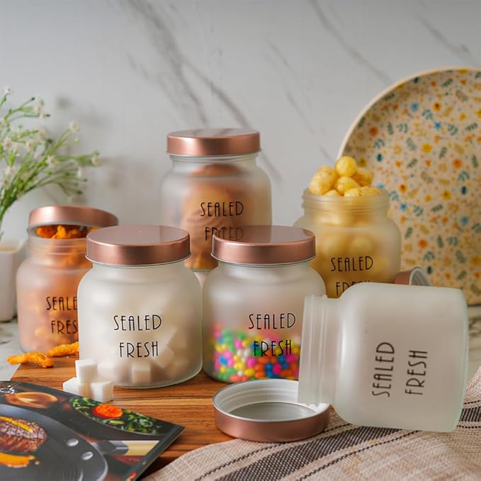 Femora Kitchen Storage Jars Frosted Glass Jar With Steel Lid Air Tight Jar | 700 Ml | Pack of 4 | Golden Lid