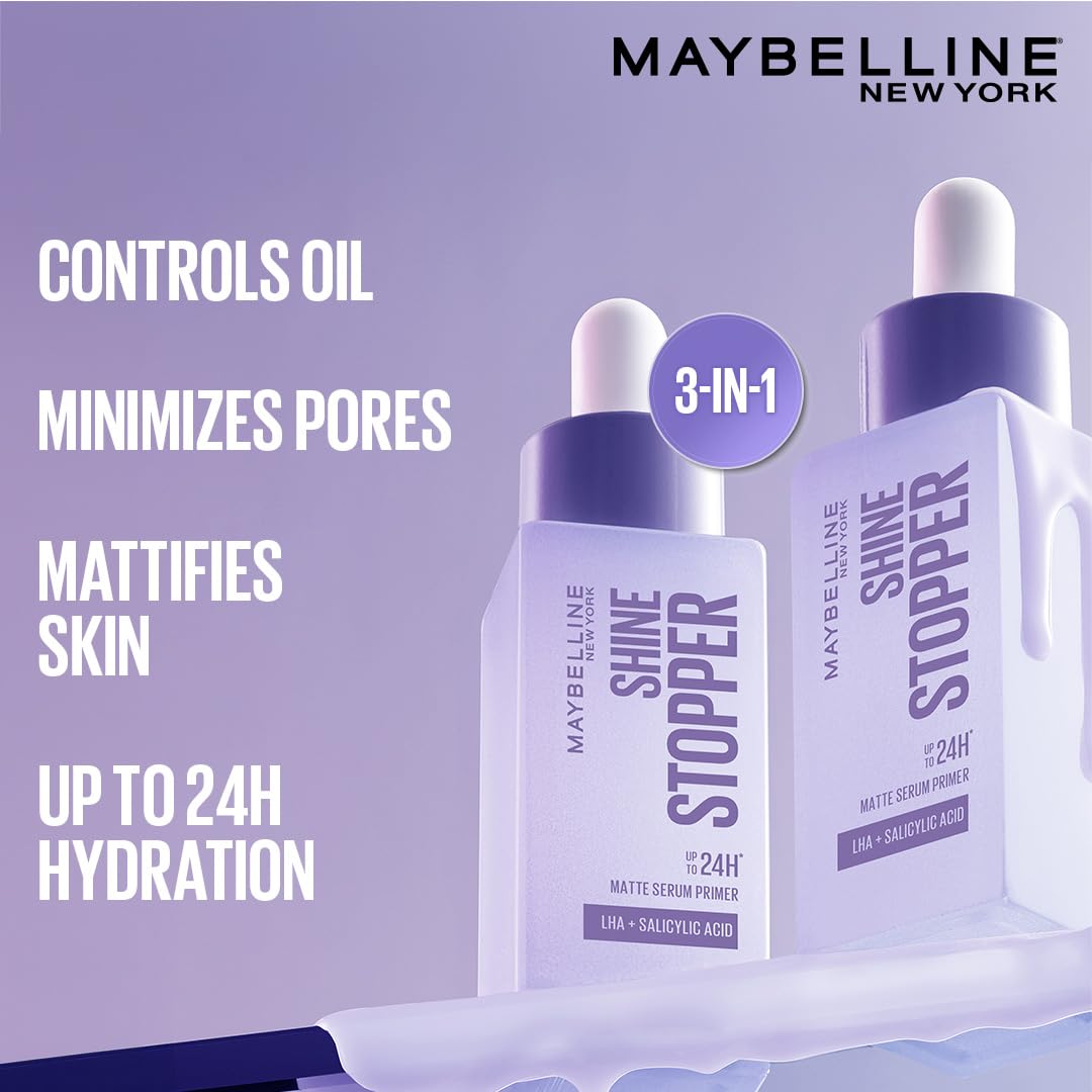 Maybelline New York Shine Stopper Primer | 3-in-1 Serum Primer for Oily Skin to Prime, Mattify, Hydrate with LHA & Salicylic Acid, 10ml