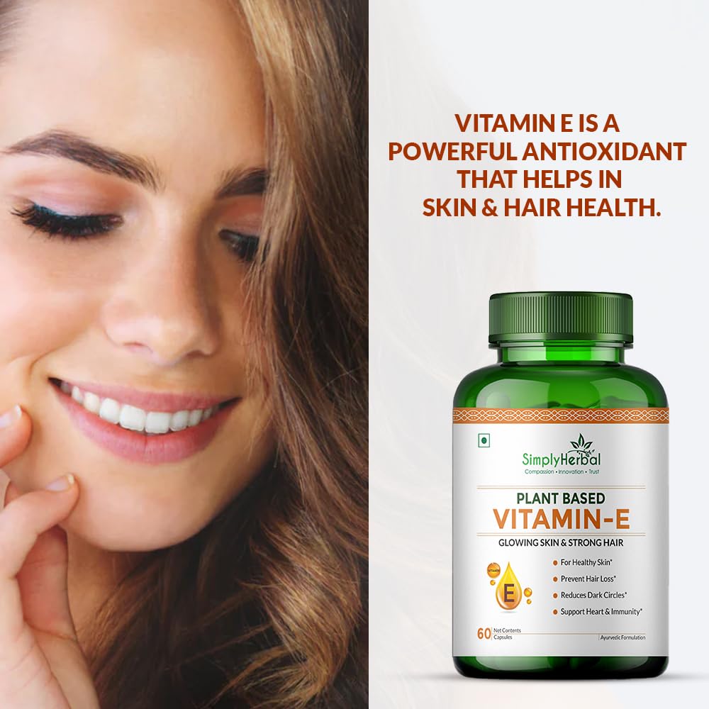 Simply Herbal Plant Based Vitamin E 10mg Capsules for Glowing Skin and Strong Hair | Vitamin E - 60 Capsules