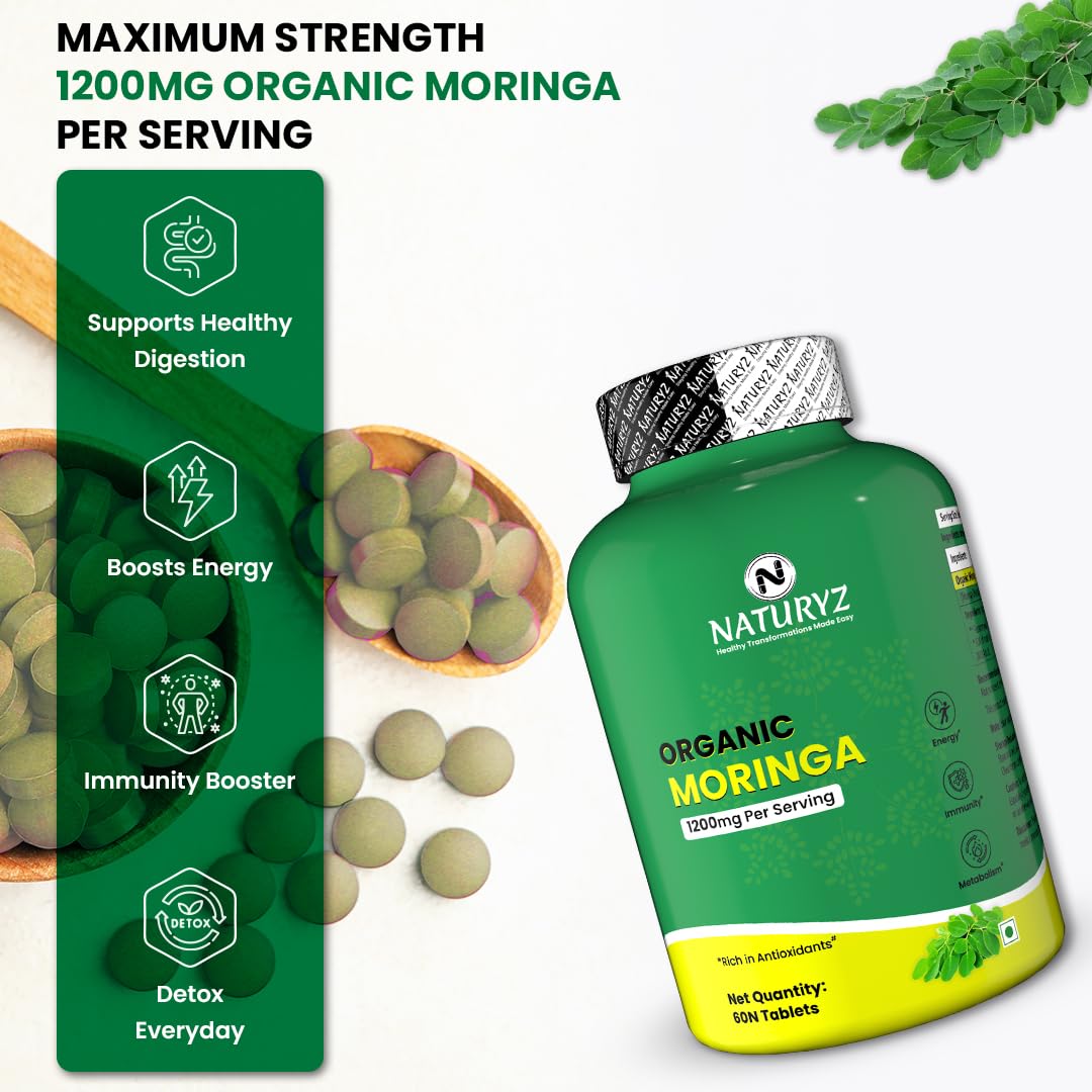 NATURYZ Organic Moringa Highest Strength 1200mg tablets | Supports Energy, Vitality, Detox, Metabolism & Immunity in Men & Women | Non-GMO, Vegan, Gluten-Free | USDA Organic Certified | Pesticides & Chemical Free â€“ 60 Veg tablets