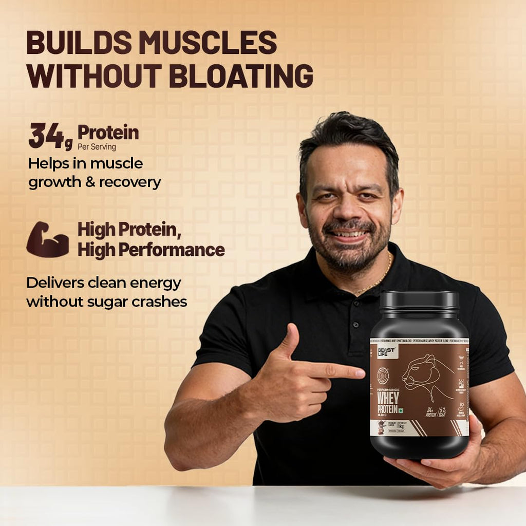 BeastLife Performance Whey Protein Blend | 34g Protein | 5.7g BCAA | 1Kg | Chocolate | Muscle Growth & Recovery | Easy to Digest with Ultrasorb Tech | Smooth & Easy to Mix | Contains Whey Protein Concentrate & Yeast Protein