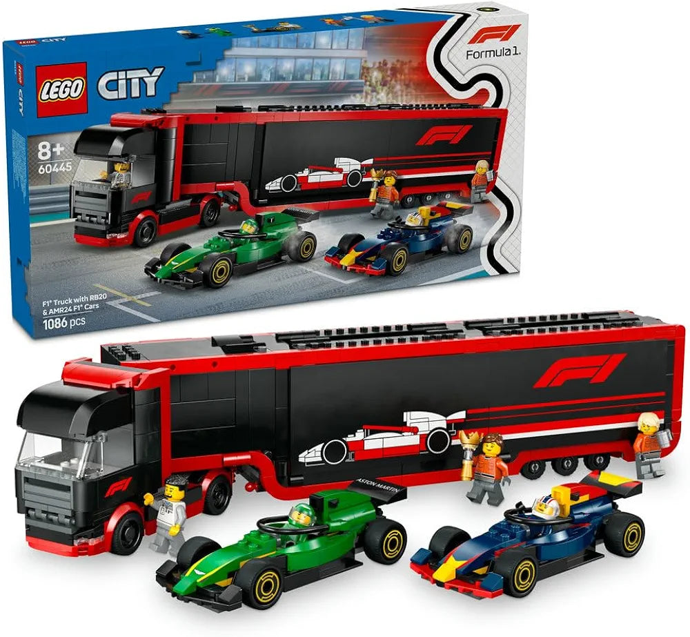Lego City F1 Truck with RB20 & AMR24 F1 Cars Toy Race Vehicle Transporter Playset 60445