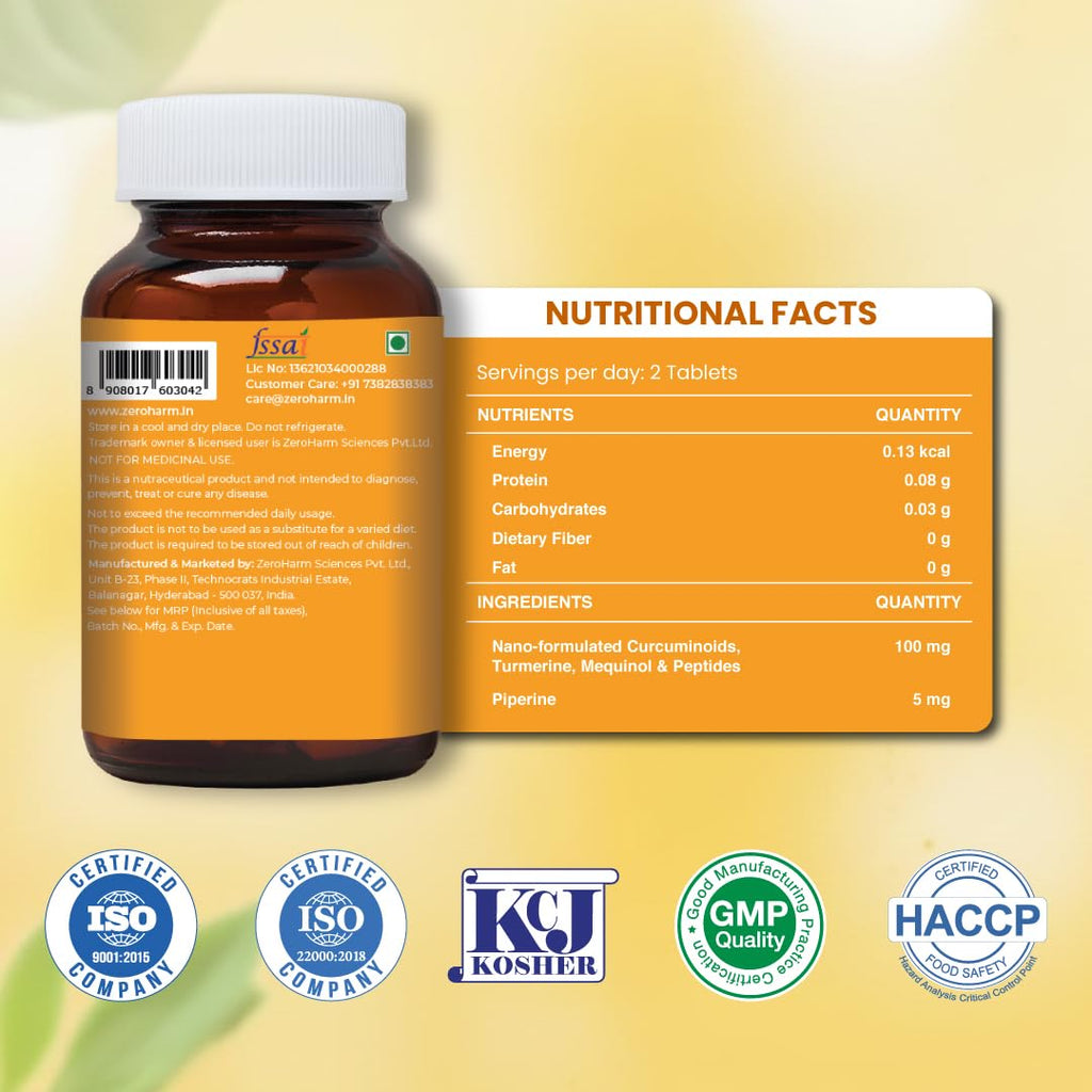 ZEROHARM Holistic Nano Curcumin Tablets with 95% Curcuminoids & Piperine | Turmeric Supplement for Joints, Immunity & Pain Relief | Antioxidant and Anti Inflammatory | For Men & Women | 60 Tablets