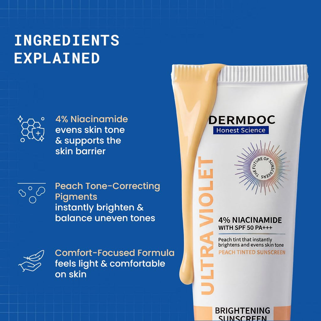 DERMDOC SPF 50 Ultra Violet Brightening Tinted Sunscreen with 4% Niacinamide, 50 gm | PA +++ | With Peach Tint | Lightweight | UVA & UVB Protection | For Medium To Dusky Skin | Improves Skin Texture | Breathable & Weightless Finish