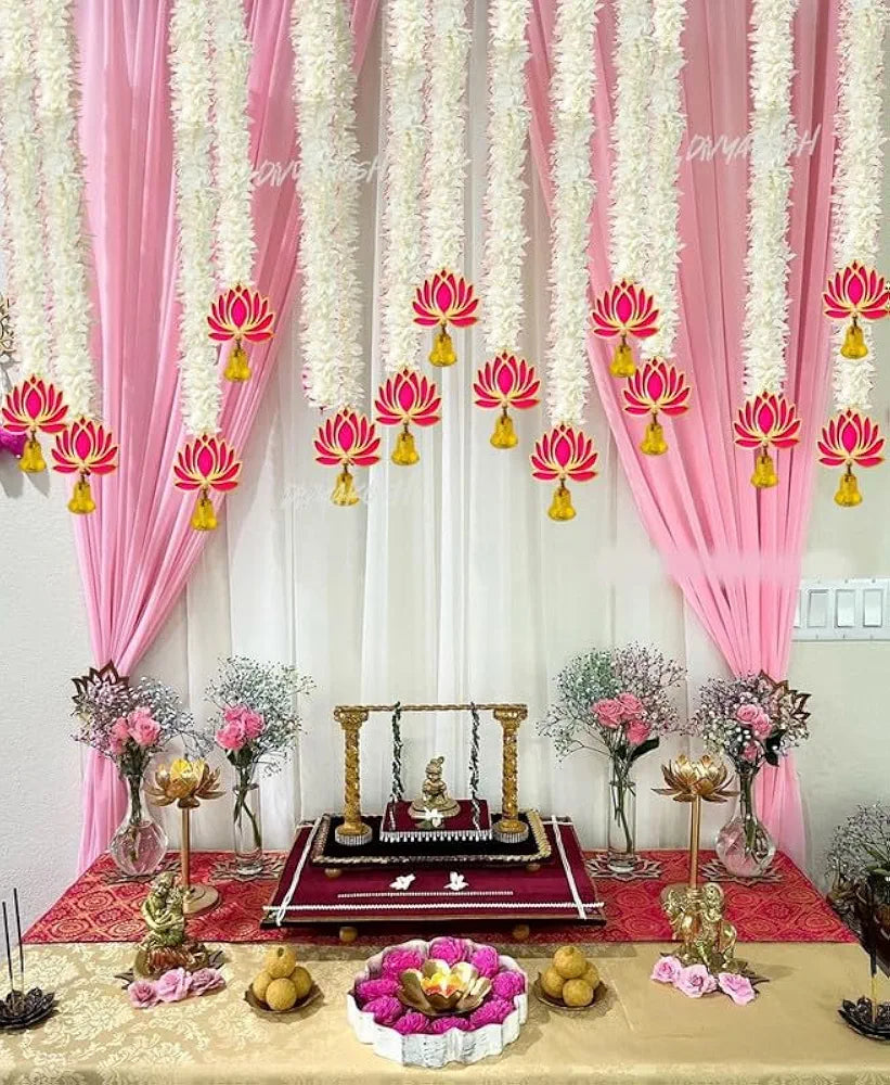 Lotus Hanging White Artificial Flowers 5 Strings Floral Wall Hangings Lotus W/ Bell Style 5 Ft Each-152.4 Cm