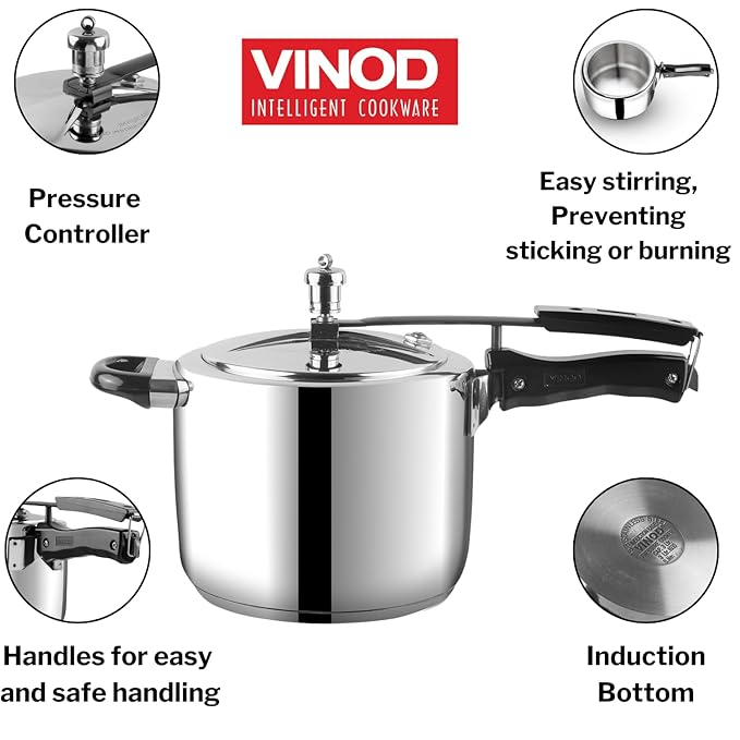 Vinod Stainless Steel Inner Lid Pressure Cooker - 5 Litre | Sandwich Bottom Cooker | Induction and Gas Base