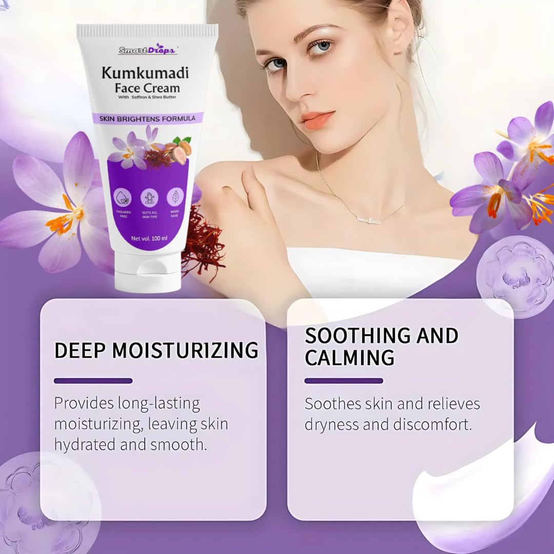 Smartdrops Kumkumadi Skin Care Face Cream with Saffron and Shea Butter Facial Moisturizer | Brightening & Anti-Aging Cream | Reduces Pigmentation |Dark Spots & Fine Lines - 100 ml (Pack 1)