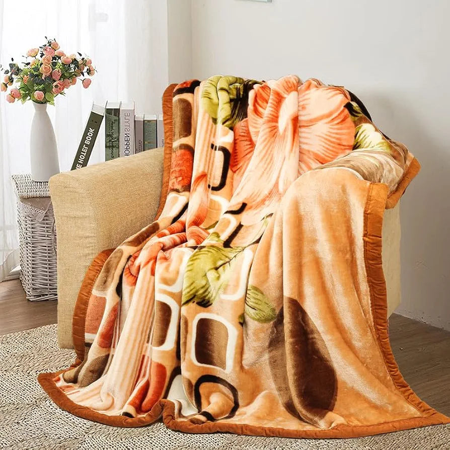 Homekart Super Soft Cloudy Printed Single Bed Blanket for Heavy Winter Single Ply Mink Blanket King Size TC - 400 Beige Brown & Green