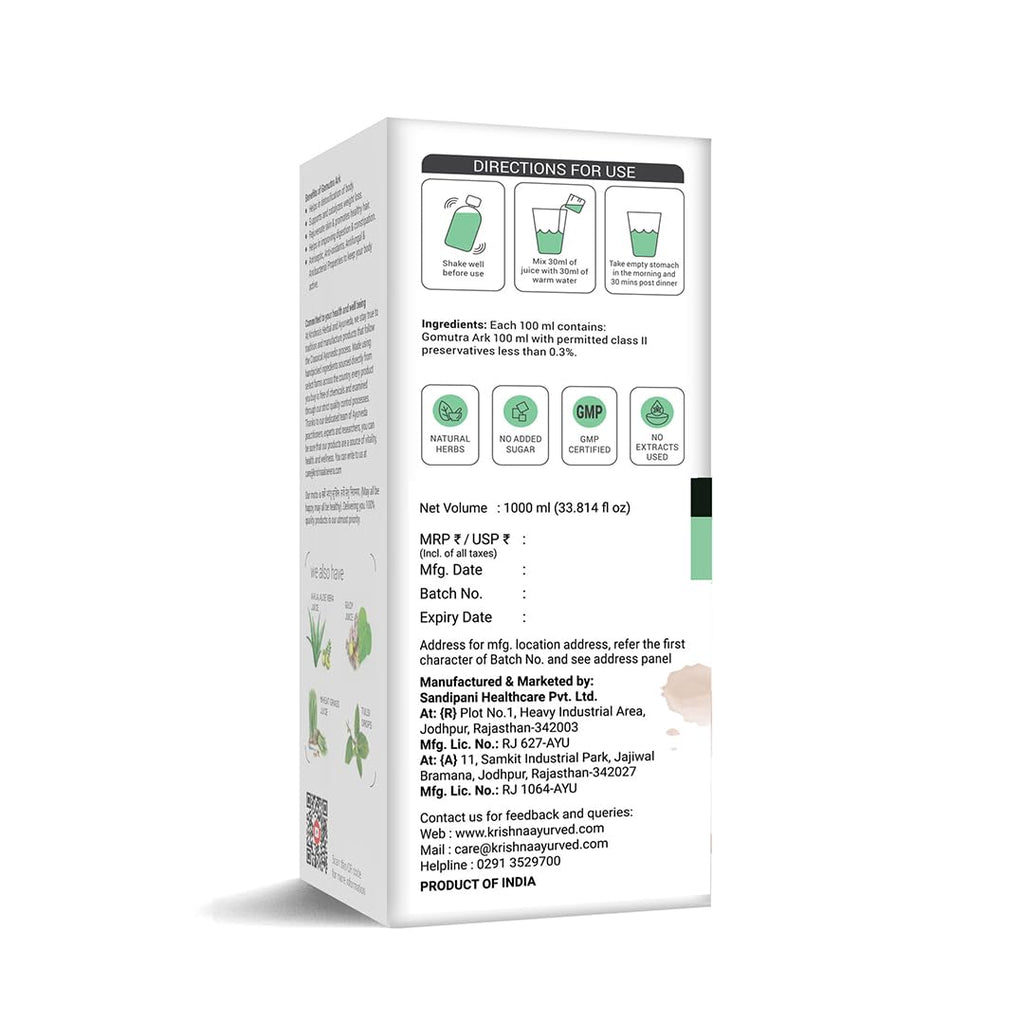KRISHNA'S HERBAL & AYURVEDA Desi Cow Gomutra Ark 1000 Ml Liquid| Natural Detoxifier | 100% Pure & Natural Go Ark | Indian Tharparakar Gomutra | Sugar Free With No Added Color Or Flavour - (Pack Of 1)