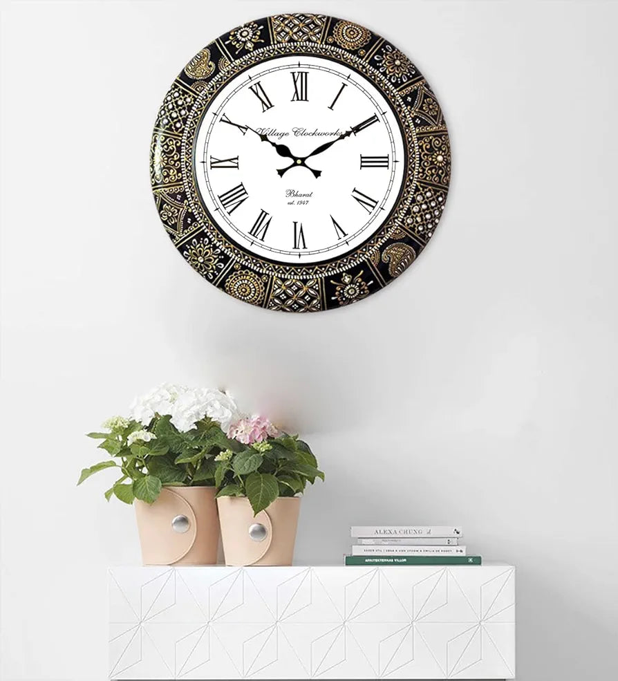 RoyalsCart Floral Design Painting Wooden Antique Analog Wall Clock Clock Size - 40 cm x 40 cm [KTWC281] Artistic Floral Painting