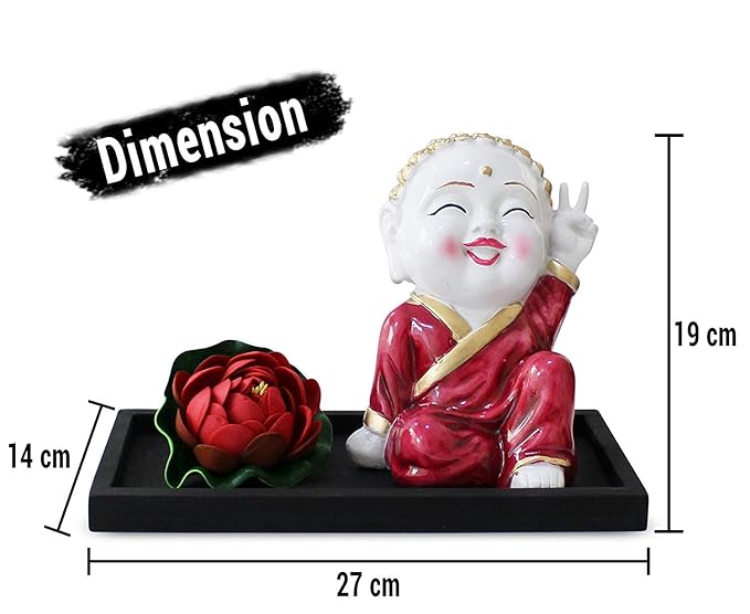 Tied Ribbons Buddha Monk Statue Showpiece with Flower and Wooden Tray Decorations Items