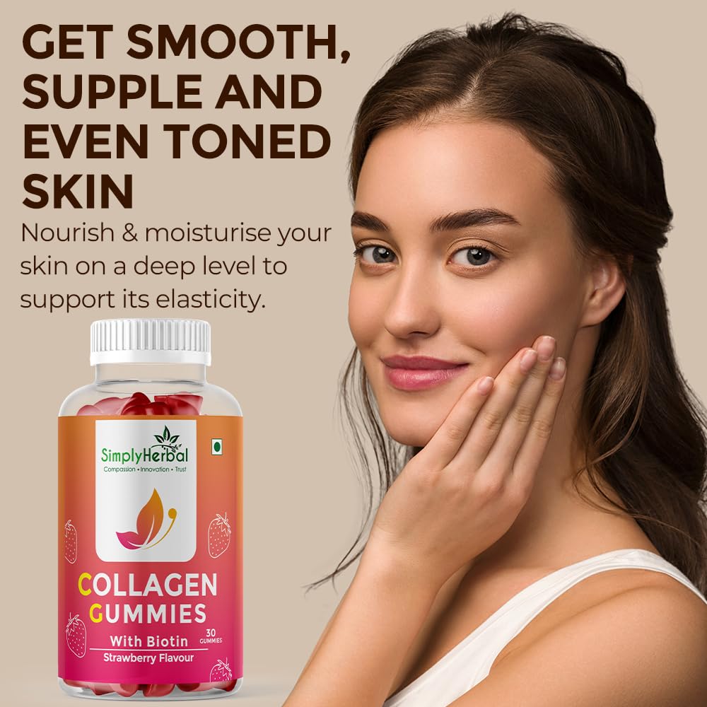 Simply Herbal Skin Collagen Builder with Biotin & Hyaluronic Acid | Hair & Skin Support for Men & Women | 30 Strawberry-Flavored Gummies