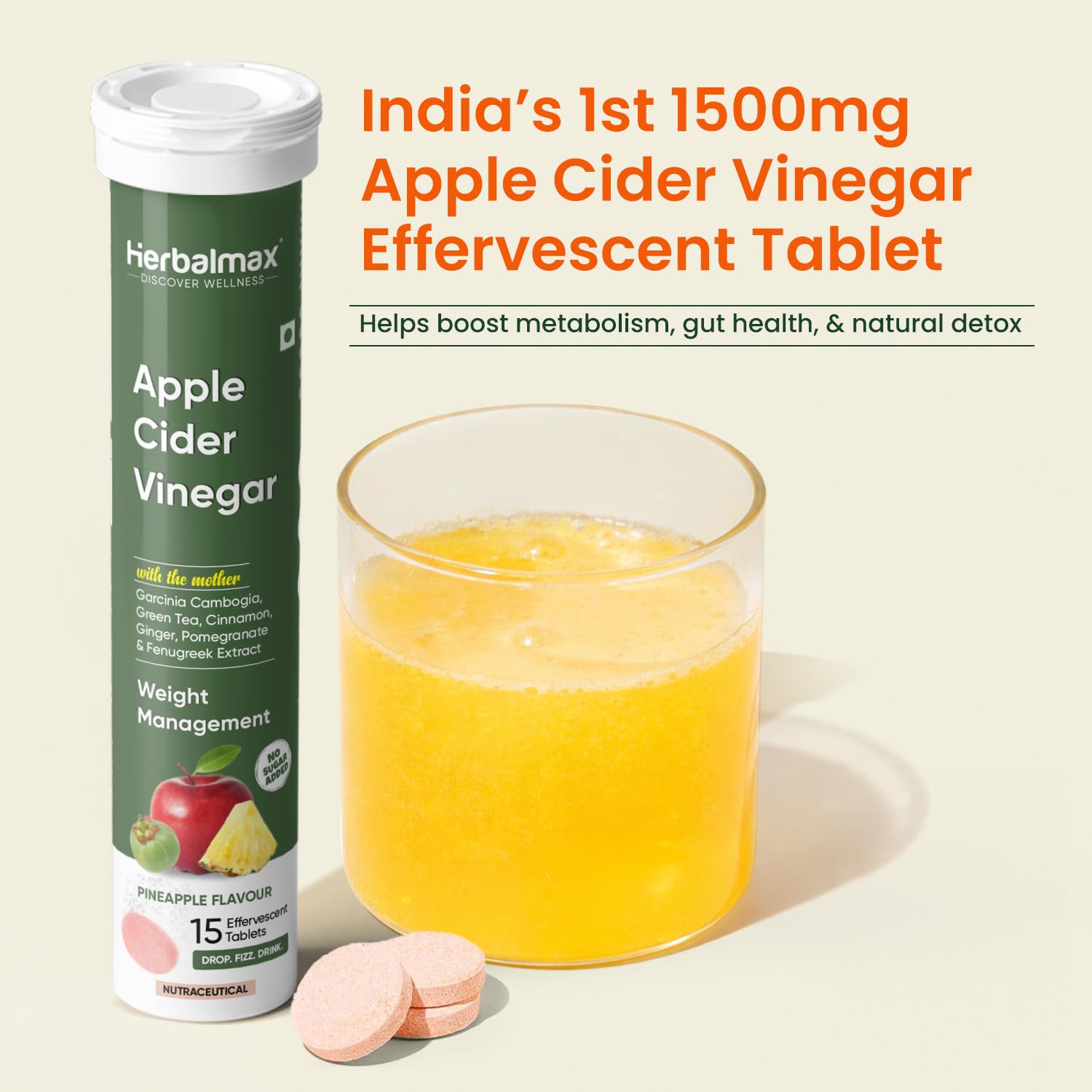 Herbalmax Apple Cider Vinegar Effervescent Tablets â€“ With Mother of Vinegar, Vitamin C, B6 & B12 â€“ Sugar-Free â€“ Supports Weight Management, Detox & Gut Health â€“ Pineapple Flavour â€“ 15 Tablets