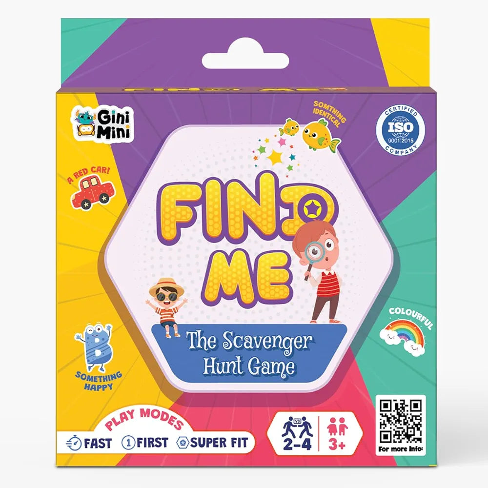 GiniMini FIND ME Scavenger Hunt Game for Ages 3+ 60 Reusable Cards 3 Play Modes Fast, First, Super FIT Indoor, Outdoor & Travel Boosts Observation, Memory & Vocabulary Family Fun