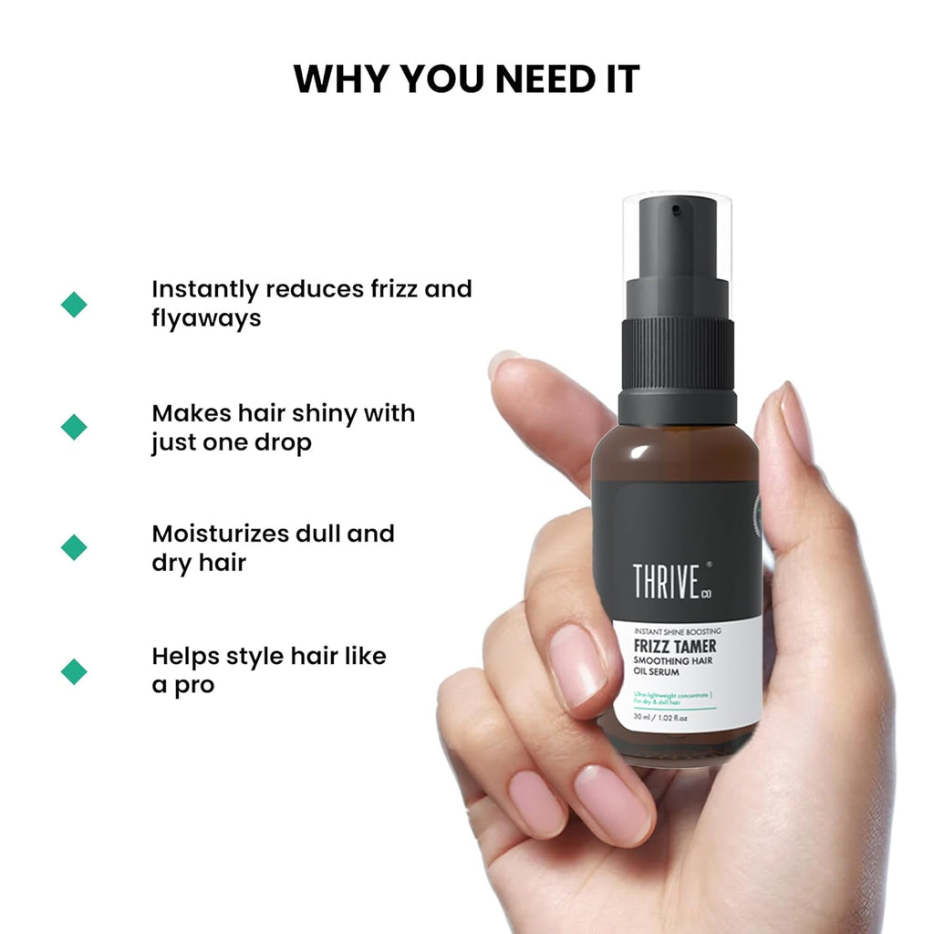 ThriveCo Frizz Tamer Smoothing Hair Oil Serum | For Smooth & Frizz-Free Hair | Gives Shine Up To 12 Hours | Hydrates Frizzy, Dry & Dull Hair | With Jojoba Oil, Mahua Oil | For Men & Women | 30ml