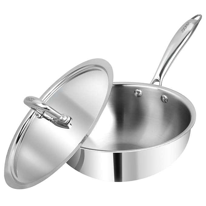 Vinod Platinum Triply Stainless Steel Frypan - 22cm | Deep Skillet Pan with Lid | Rivetted Study Handle | Induction & Gas Base