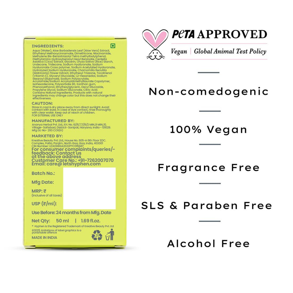 Hyphen 1% Hyaluronic Ultra Light Water Sunscreen SPF 50 PA ++++ | In-Vivo certified | Broad Spectrum & Blue Light Protection | No White Cast | Contains 5% Antioxidants Niacinamide Vitamin E| Korean Sunscreen for Men & Women | 50ml