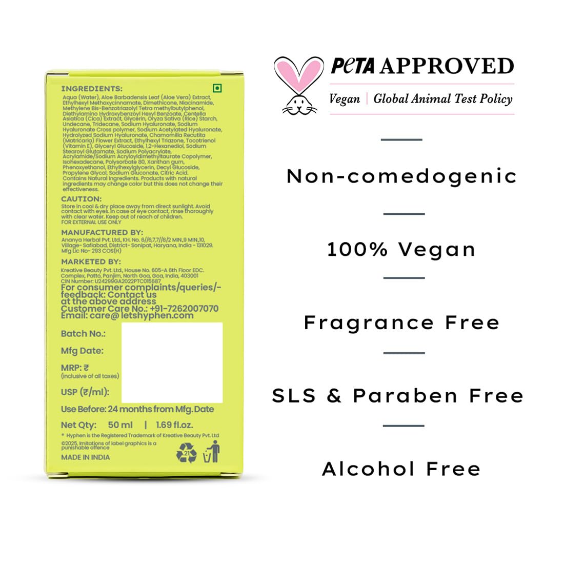 Hyphen 1% Hyaluronic Ultra Light Water Sunscreen SPF 50 PA ++++ | In-Vivo certified | Broad Spectrum & Blue Light Protection | No White Cast | Contains 5% Antioxidants Niacinamide Vitamin E| Korean Sunscreen for Men & Women | 50ml