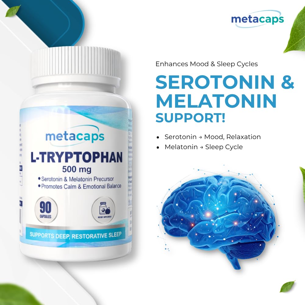 MetaCaps Pure L-Tryptophan 500mg – 90 Veg Capsules | Essential Amino Acid for Serotonin & Melatonin Support | Natural Sleep Aid & Mood Regulator | Supports Relaxation & Stress Relief | Non-GMO & Vegan