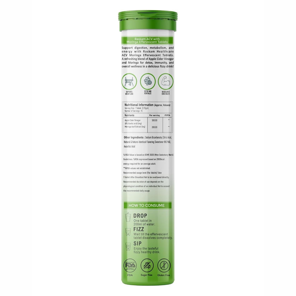 ACV Moringa 500mg Shikanji Flavour 15 Effervescent Tablets For Gut Health | Weight Loss | Reduces Stress | 100% Vegan | 15 Tablets Each (Pack of 1)