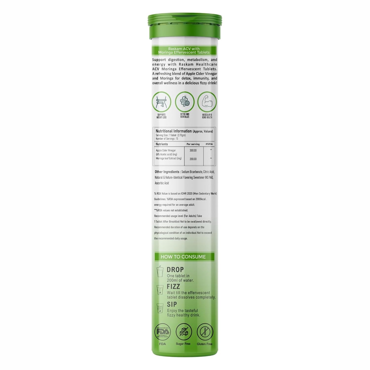 ACV Moringa 500mg Shikanji Flavour 15 Effervescent Tablets For Gut Health | Weight Loss | Reduces Stress | 100% Vegan | 15 Tablets Each (Pack of 1)