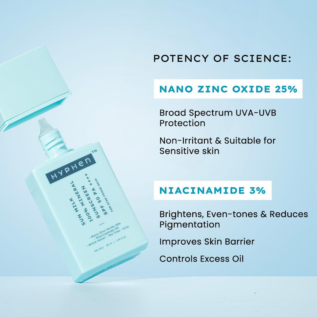 Hyphen Sun Milk Mineral Sunscreen SPF 50 PA++++ with 25% Nano Zinc Oxide | UV & Blue Light Protection | Water Resistant Korean Sunscreen for Sensitive, Oily & Acne Prone Skin | 50ml